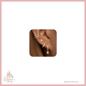 4 Pair 14K Gold Plated Hoop Earrings Set - Huggie Dangle Stack CZ Studs